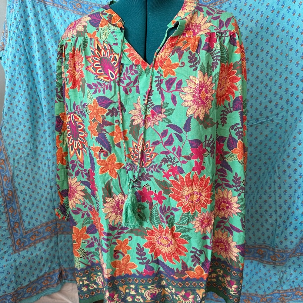 NATURAL LIFE green dress or tunic with Orange, Pink & Purple Floral Print - Picture 2 of 7